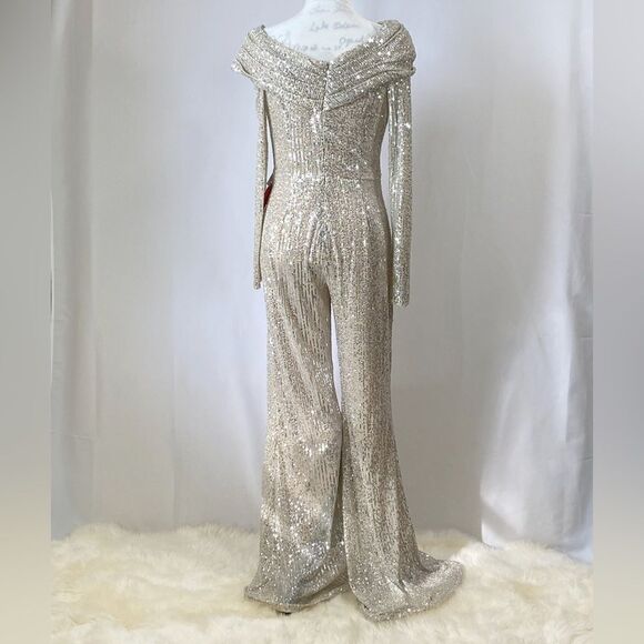 Mac Duggal Ieena Sequin One-Shoulder Long-Sleeve Jumpsuit size 8 - Picture 6 of 11